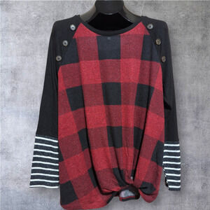MAURICES Red Black Buffalo Plaid Twist Knot Light Holiday Sweater Size XXL NEW
